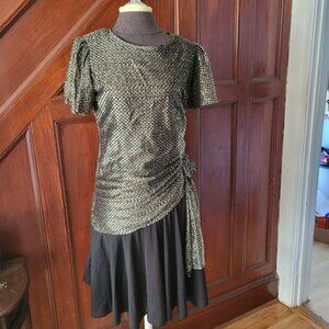 Vintage TF Womens Glam Rocker Dress Sz 12 Gold Silver Black Padded Shoulders USA